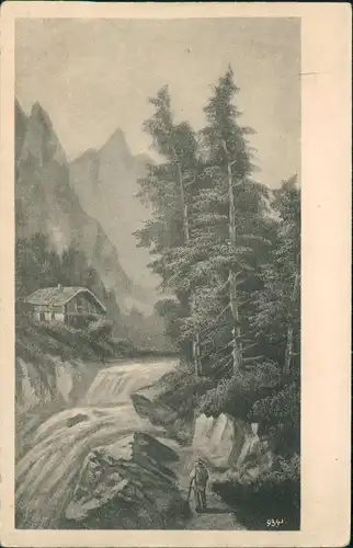 Ansichtskarte  Künstlerkarte Wanderer Schlucht Gebirge 1913