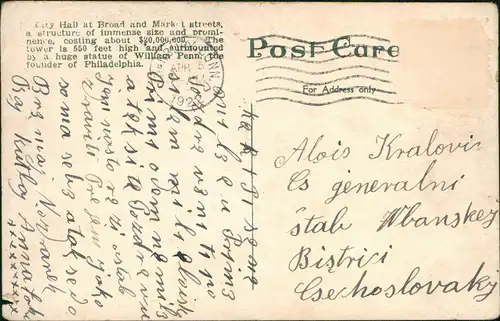 Postcard Philadelphia City Hall 1922