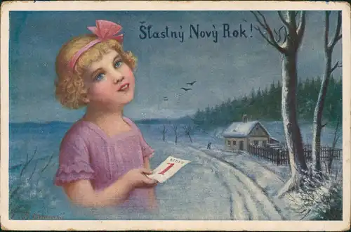 Neujahr Sylvester New Year Mädchen Winterlanschaft Ceska Tschechien 1938