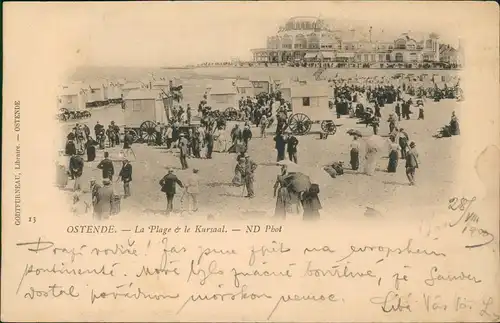 Postkaart Ostende Oostende La Plage & le Kursaal. 1908