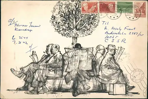 Ansichtskarte  Künstlerkarte Männer am Baum mit Zeitung 1963