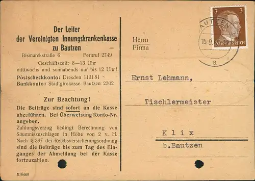 Bautzen Budyšin Beitragsrechnung Innungskrankenkasse Bautzen 1943