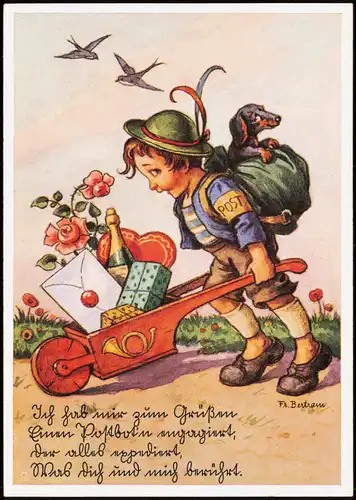 Kinder Künstlerkarte Junge Schubkarre mit Geschenken Fr. Bertram 1935