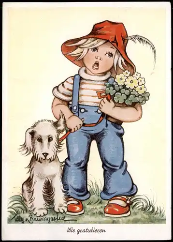 Geburtstag Birthday Hund Mädchen Künstlerkarte Tilly Baumgartner 1952