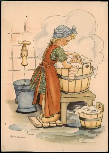 Ansichtskarte  Kinder Künstlerkarte Mädchen beim Wäsche waschen 1942