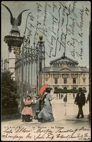 Ansichtskarte Genf Genève Theater, Dame mit Schirm colorierte AK 1903