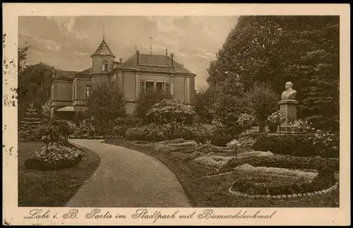 Ansichtskarte Lahr (Schwarzwald) Partie im Stadtpark mit Bismarchdenkmal 1924