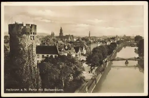 Ansichtskarte Heilbronn Partie mit Bollwerkturm. 1937  gel. Bahnpoststempel