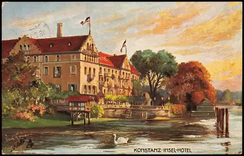 AK Konstanz Inselhotel, Oilette Künstlerkarte 1917  gel. Zensur Feldpost