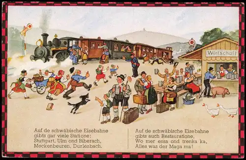 Ansichtskarte  Schwäbische Eisenbahn Scherzkarte Wirtschaft 1914