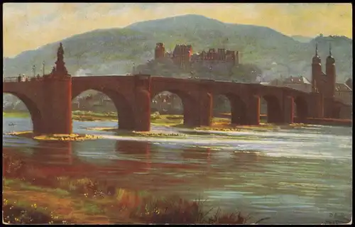 Heidelberg Alte Brücke am Neckar, Schloss, Künstler Hoffmann Künstlerkarte 1927