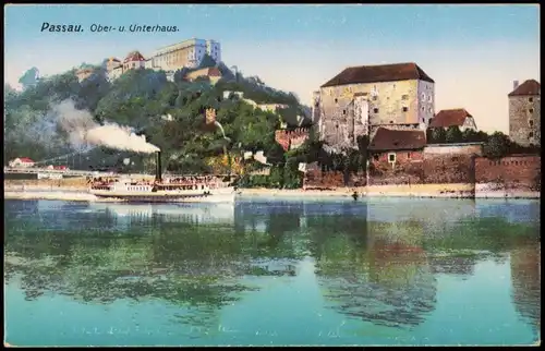Passau Panorama-Ansicht Fluss Partie mit Ober- u. Unterhaus 1930