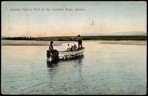 Alaska Eskimo Fishing Boat on the Kusatrin River, Alaska. USA 1919