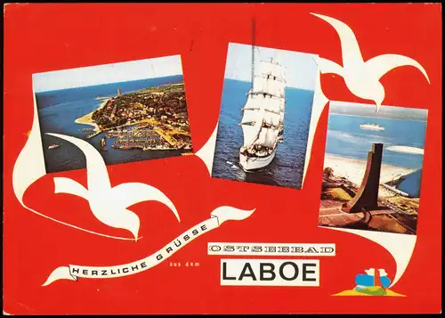 Ansichtskarte Laboe Luftbild Hafen Segelschiff Marinedenkmal 1974