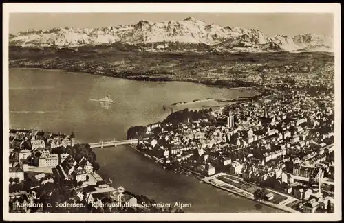 Ansichtskarte Konstanz Luftbild Bodensee Rheinausfluß Schweizer Alpen 1950