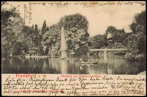 AK Frankfurt  Main Weiher Palmengarten 1903  gel. Sachsenhausen nach Durlach