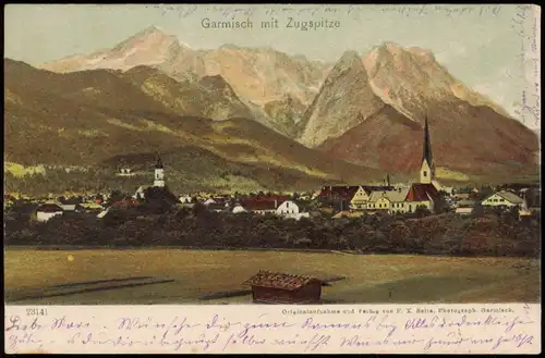 Ansichtskarte Garmisch-Partenkirchen Stadt mit Zugspitze 1902