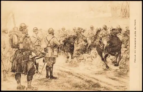 Künstlerkarte - Militär Schweiz Helvetia Revue de cavalerie près du front. 1916
