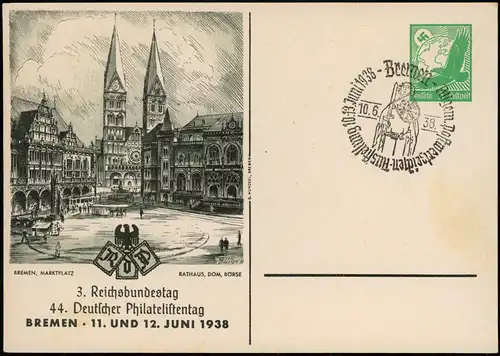 Ganzsache Bremen Marktplatz, 3. Reichsbundestag 1938  Sonderstempel