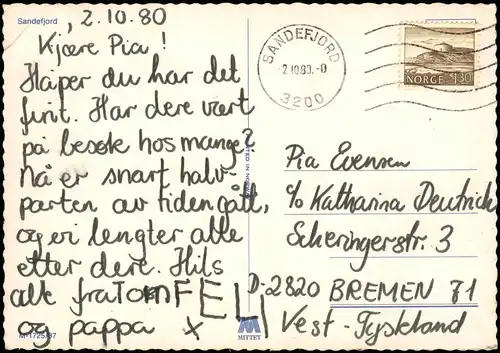 Postcard Sandefjord Panorama Ortsansicht 1980