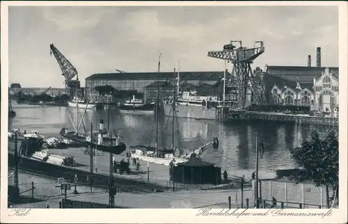 Ansichtskarte Kiel Germania-Werft, Handelshafen 1937