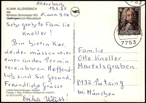 Ansichtskarte Gailingen am Hochrhein Luftbild Klinik Allensbach 1985