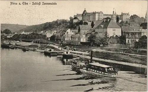 Ansichtskarte Pirna Schloss Sonnenstein - anlegende Dampfer 1917