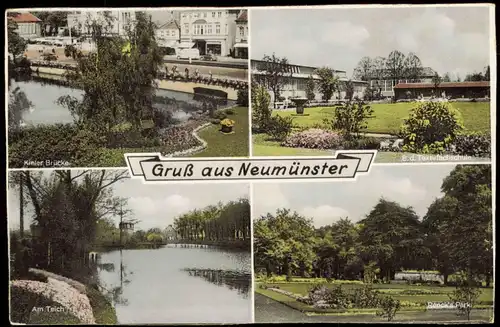 Neumünster Mehrbild-AK mit Am Teich, Kieler Brücke, Textilfach-Schule 1960