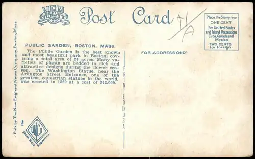 Postcard Boston Maid of the Mist, Public Garden 1934