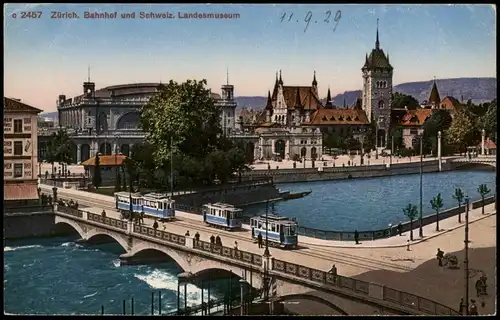 Ansichtskarte Zürich Bahnhof und Schweiz. Landesmuseum 1929
