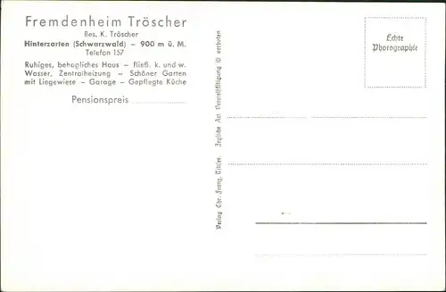Ansichtskarte Hinterzarten Fremdenheim Tröscher - Foto Ak 1961