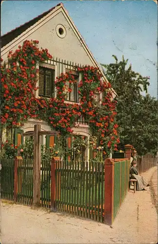 Ansichtskarte  Naturfarbenaufnahme Mann und Frau vor Haus mit Rosen 1914