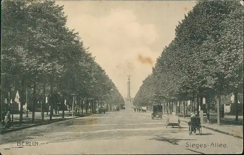 Ansichtskarte Tiergarten-Berlin Siegesallee, Autos Kutschen 1909