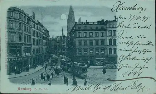 Altstadt-Hamburg Großer Burstah, Straßenbahn Geschäfte - Mondscheinlitho 1898