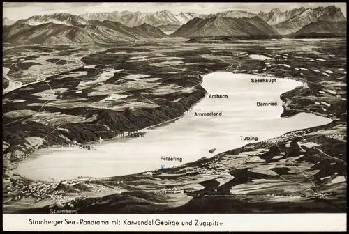 Starnberg aus der Vogelschau mit Alpen und Zugspitze Starnberger See 1969