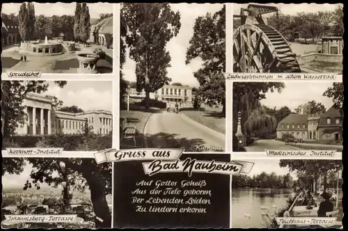 Ansichtskarte Bad Nauheim MB: Sprudelhof, Teichhaus-Terrasse, Wasserrad 1964