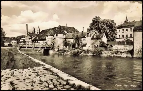 Ansichtskarte Cham (Oberpfalz) Flußpartie, Brücke - Stadt 1961