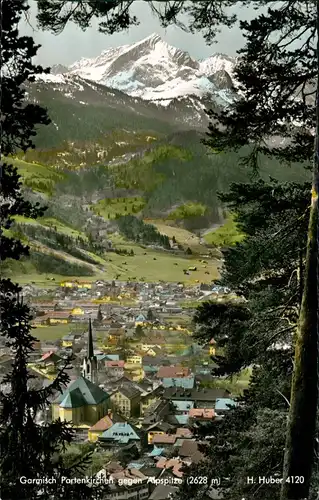 Ansichtskarte Garmisch-Partenkirchen Stadtblick, colorierte Fotokarte 1959