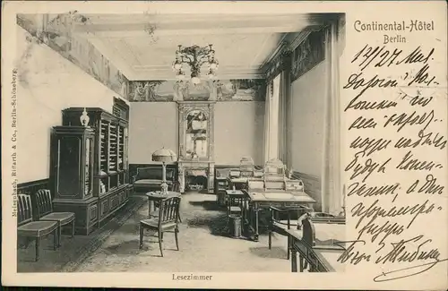 Berlin Continental Hotel - Lesezimmer 1905  gel. an Prinz Pierre Wolkonsky