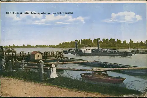 Ansichtskarte Speyer Rheinpartie an der Schiffbrücke Schauffelraddampfer 1919