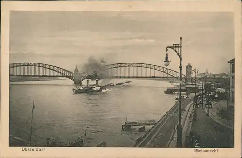 Ansichtskarte Düsseldorf Rheinansicht, Brücker - Schauffelraddampfer 1919