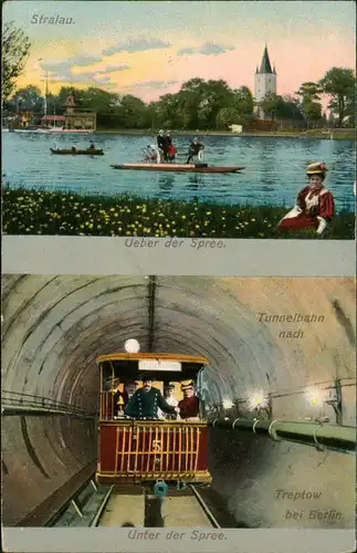 Ansichtskarte Stralau-Berlin Stralau 2 Bild Tunnelbahn, Trettboot 1916