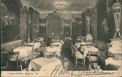 AK Berlin Linden-Buffet, Jägerstr. 18. 1912  gel an Prinz Pierre Wolkonsky