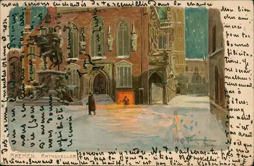 Bremen Rathaus im Winter, Künstlerkarte 1901  gel an Prinz Pierre Wolkonsky