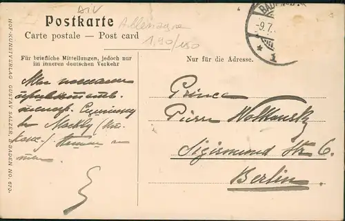 Ansichtskarte Baden-Baden Hotel Stephanie 1909  gel an Prinz Pierre Wolkonsky