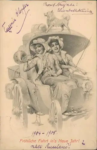 Ansichtskarte  Glückwunsch - Neujahr/Sylvester - Frauen im Automobil 1904