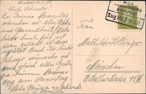 Ansichtskarte   Frühling Fachwerkhaus 1932  gel. Bahnpoststempel Hof Regensburg