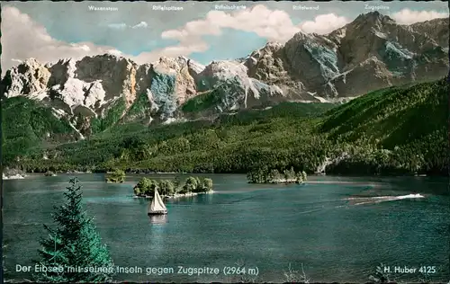 Garmisch-Partenkirchen Der Eibsee mit seinen Inseln gegen Zugspitze - Color Fotokarte 1959