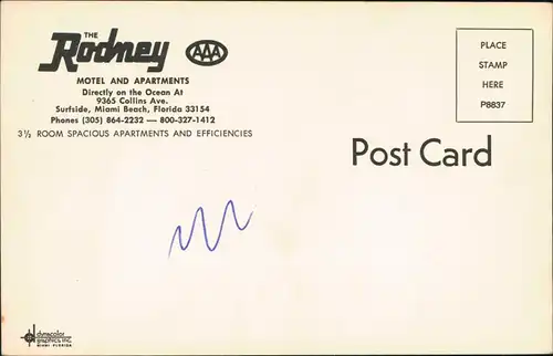 Postcard Miami RODNEY Motel and Apartsment 2 Bild 1963