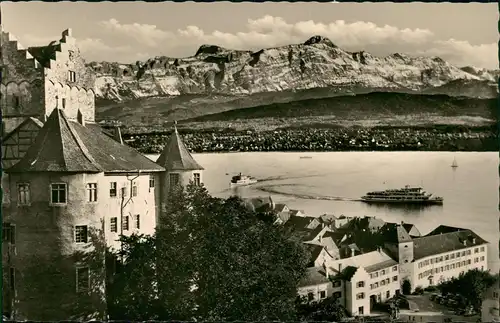 Ansichtskarte Meersburg Fotokunst - Stadt, Dampfere Schweizer Alpen 1957